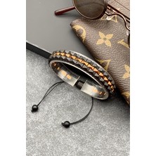 FRNCH Hematit Doğal Taşlı Siyah-Rose Renkli Ayarlanabilir Makrome Erkek Bileklik FRJ11529-1629-B2C