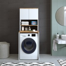 Banos Roomart Cd9 Çamaşır Makinesi Dolabı 3 Raflı 2 Kapaklı Banyo Dolabı Mat Beyaz-Ahşap
