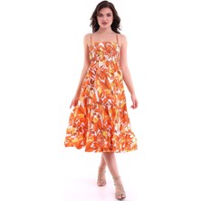 Desenli Askılı Elbise Turuncu MDNSS45