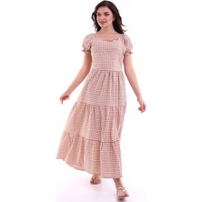 Modaness Kareli Kısa Kol Elbise Pudra MDNSS32