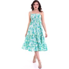 Modaness Desenli Askılı Elbise Yeşil MDNSS45