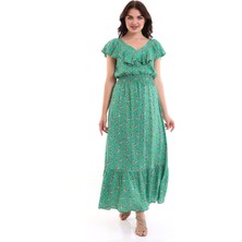 Modaness Kısa Kollu Çiçek Desenli Uzun Elbise Yeşil MDNSS44