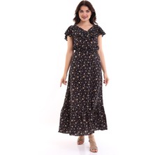 Modaness Kısa Kollu Çiçek Desenli Uzun Elbise Siyah MDNSS44