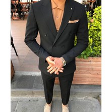 Erkek Dar Kesim Slimfit Kruvaze Takım Elbise-Siyah