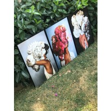 Linacci Üçlü Alüminyum Siyah Metal Çerçeveli Kadınlar Çiçek Yemek Odası Poster Camlı Tablo Seti