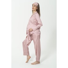 For You Mama 5'li Saten Gül Kurusu Çizgili Pembe Pijama Takımı S26823