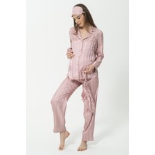 For You Mama 5'li Saten Gül Kurusu Çizgili Pembe Pijama Takımı S26823