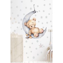 Msticker Ayda Uyuyan Sevimli Ayıcık ve Gri Yıldızlar Çocuk Bebek Odası Sticker Seti