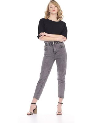 Fume Yıkamalı Lastikli Mom Jeans Pantolon