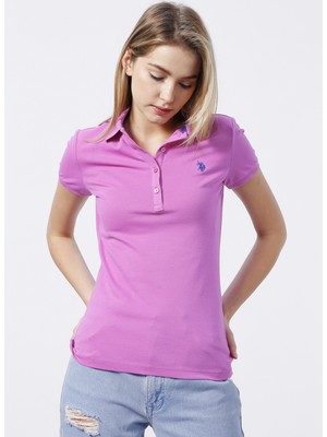 U.S. Polo Assn. GTP-IY022 Polo Yaka Standart Kalıp Baskılı Mor Kadın T-Shirt