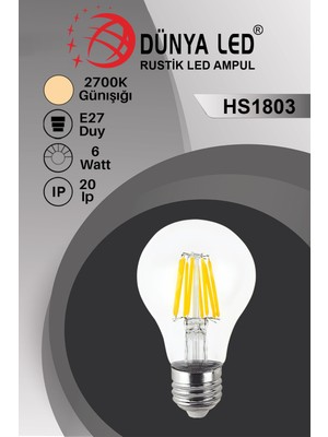 Dünya Led HS.1803 6W E27 LED Rustik A60 Ampul Yüksek Lümen