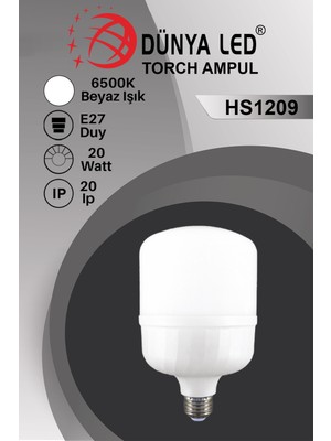 Dünya Led HS.1209/1 20W E27 LED Torch LED Ampul 6500K Beyaz Işık Yüksek Lümen Kolay Kullanım