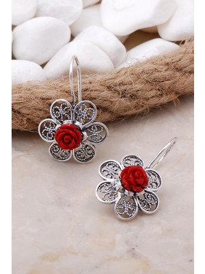 Sümer Telkari Mercan Taşlı Çiçekli Telkari Elişi Gümüş Küpe 5785