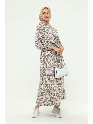 İlmek Kadın Çiçek Desenli Kemerli Kolu Büzgülü Yazlık Tesettür Elbise 5409