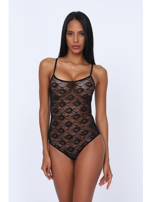 Obje Siyah Dantelli Çıtçıtlı Body