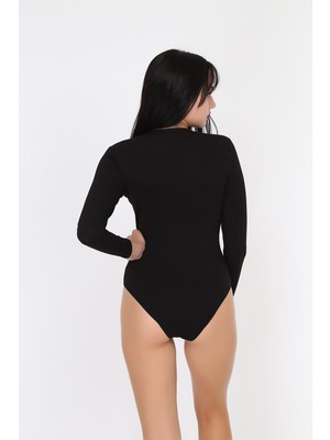 Obje Siyah Uzun Kollu Çıtçıtlı Body