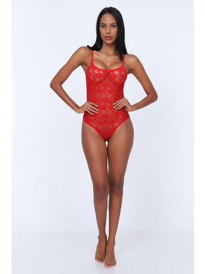 Obje Kırmızı Dantelli Çıtçıtlı Body