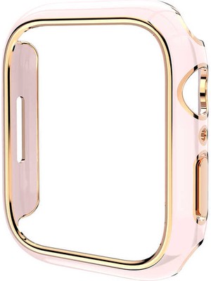 Case 4U Apple Watch Seri 44mm Renkli Altın Kenar Sert PC Kasa Koruyucu Gard 06 Pembe