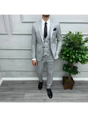 Erkek Dar Kesim Slimfit Yelekli Takımı Elbise- Açık Gri