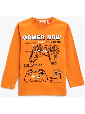 Koton Uzun Kollu Tişört Baskılı Bisiklet Yaka Pamuklu