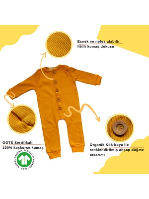 Unisex Kız ve Erkek Bebek Tulum, Düz Renkli Ahşap Düğme Tasarımlı Organik Bebek Tulumu