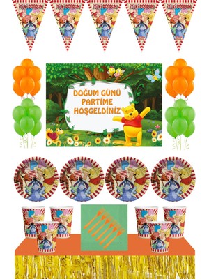 Winnie The Pooh Doğum Günü 16 Kişilik 70X100 cm Afişli Winnie The Pooh Parti Malzemeleri Seti Masa Etekli