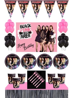 Black Pink  Doğum Günü 16 Kişilik 70X100 cm Afişli  Parti Malzemeleri Seti Masa Etekli