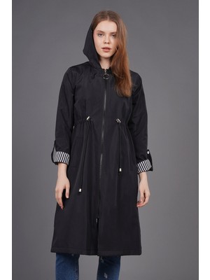 Siyah Bel Büzgülü Trenchcoat