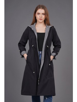 Siyah Bel Büzgülü Trenchcoat