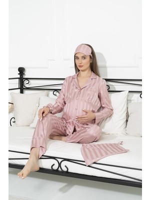 For You Mama 5'li Saten Gül Kurusu Çizgili Pembe Pijama Takımı S26823