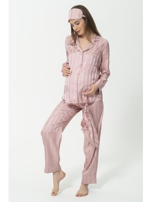 For You Mama 5'li Saten Gül Kurusu Çizgili Pembe Pijama Takımı S26823