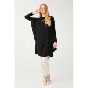 Yakası Broşlu Iki Katlı Dökümlü Tunik  Siyah