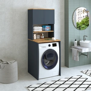 Banos Roomart CD10 Çamaşır Makinesi Dolabı 3 Raflı 2 Kapaklı Banyo Dolabı Mat Antrasit-Ahşap