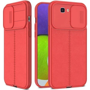 Samsung Galaxy J7 Prime Kılıf Kamera Sürgülü Deri Dokulu Mat Silikon Kırmızı