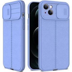 Apple iPhone 13 Kılıf Kamera Sürgülü Deri Dokulu Mat Silikon+Nano Glass Koruyucu Mor