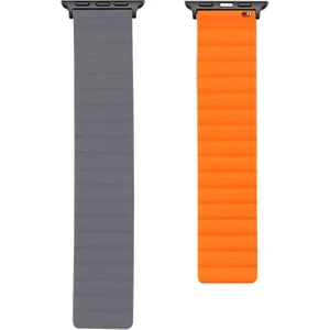 Case 4U Apple Watch Seri 7/6/SE/5/4 Mıknatıslı Parçalı Çizgili Kordon Kayış 42mm 44mm 45mm KRD-52 Gri - Turuncu