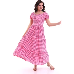 Kareli Kısa Kol Elbise Pembe MDNSS32
