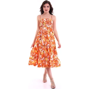 Desenli Askılı Elbise Turuncu MDNSS45