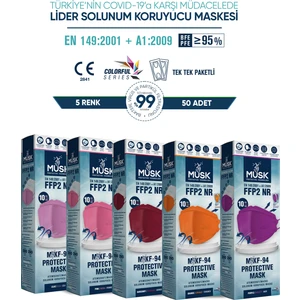 KF94 Kore Tipi N95 Maske 5 Renk 50 Adet (Pembe, Mor, Lila, Turuncu, Bordo)