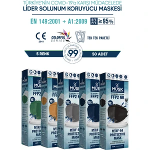 KF94 Kore Tipi N95 Maske 5 Renk 50 Adet (Gri, Taba, Siyah, Lacivert, Yeşil)