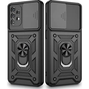 Samsung Galaxy A53 Kılıf Sert Silikon Tank Aramid Sürgülü Vega Yüzüklü Siyah