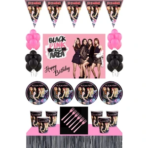 Black Pink  Doğum Günü 8 Kişilik 50X70 cm Afişli  Parti Malzemeleri Seti Masa Etekli