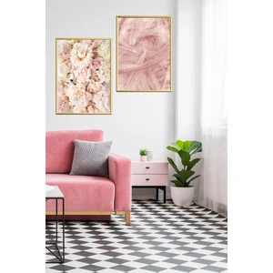 Ikili Alüminyum Pembe Çiçekli Camlı Çerçeveli Poster Seti