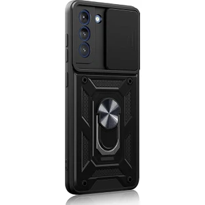 Samsung Galaxy S21 Fe Kılıf Sert Silikon Tank Aramid Sürgülü Vega Yüzüklü Siyah