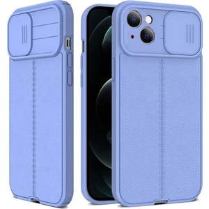 Apple iPhone 13 Kılıf Kamera Sürgülü Deri Dokulu Mat Silikon Mor