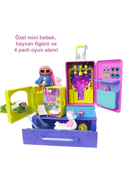 Barbie Extra Mini ve Hayvan Dostları'nın Seyahat Maceraları Oyun Seti, 2 Yavru Köpek ve Barbie Extra Mini Bebek, Havuz, Kaydırak, Parti Salonu ve Aksesuarlar, 3 Yaş ve Üzeri HDY91