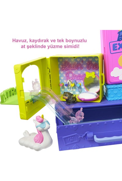 Barbie Extra Mini ve Hayvan Dostları'nın Seyahat Maceraları Oyun Seti, 2 Yavru Köpek ve Barbie Extra Mini Bebek, Havuz, Kaydırak, Parti Salonu ve Aksesuarlar, 3 Yaş ve Üzeri HDY91