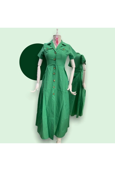 Lrf Kısa Kol Düğmeli Uzun Elbise Xl - Yeşil