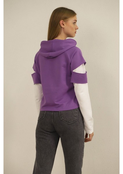 Mor Kapşonlu Desenli Sweat