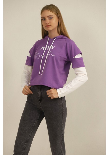 Mor Kapşonlu Desenli Sweat